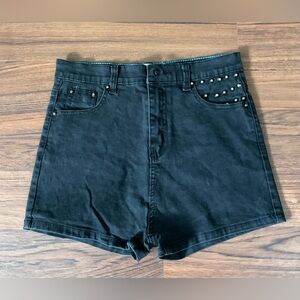 Black High Waist Denim Shorts with Silver Accents